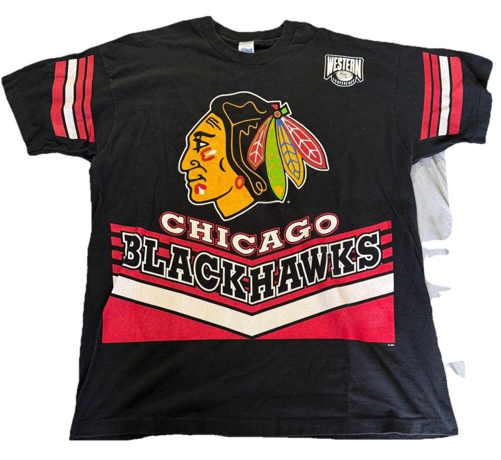 Vintage 90s Chicago Blackhawks T-Shirt XXL Salem Sportswear Big Logo NHL Hockey